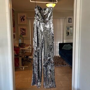 Silver Sequin Strapless Dress The Population Jumpsuit